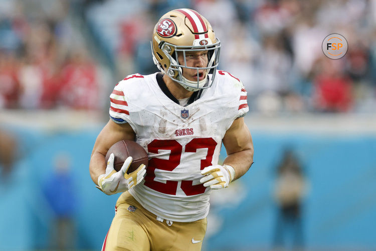 JACKSONVILLE, FL - NOVEMBER 12: San Francisco 49ers running back Christian McCaffrey (23) runs with the ball during the game between the San Francisco 49ers and theJacksonville Jaguars on November 12, 2023 at  EverBank Stadium in Jacksonville, Florida. (Photo by David Rosenblum/Icon Sportswire)