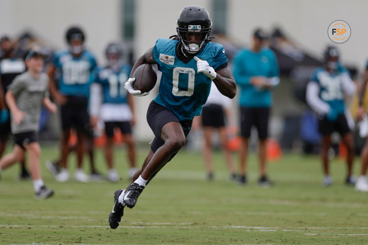 JACKSONVILLE, FL - JULY 31: Jacksonville Jaguars Wide Receiver Calvin Ridley (0) runs with the ball during Training Camp on July 31, 2023 at the Miller Electric Center in Jacksonville, Fl. (Photo by David Rosenblum/Icon Sportswire)