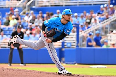 Feb 26, 2026; Dunedin, Florida, USA; Florida Marlins starting  pitcher Braxton Garrett (20) throws a pitch in the first inning against the Toronto Blue Jays during spring training at TD Ballpark. Mandatory Credit: Jonathan Dyer-Imagn Images