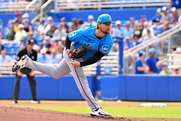 Feb 26, 2026; Dunedin, Florida, USA; Florida Marlins starting  pitcher Braxton Garrett (20) throws a pitch in the first inning against the Toronto Blue Jays during spring training at TD Ballpark. Mandatory Credit: Jonathan Dyer-Imagn Images