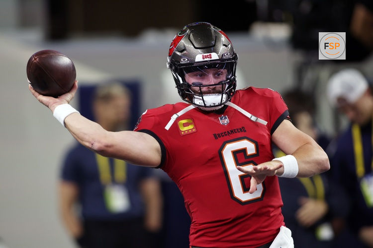 Dec 22, 2024; Arlington, Texas, USA; Tampa Bay Buccaneers quarterback Baker Mayfield (6) throws a pass before the game against the Dallas Cowboys at AT&T Stadium. Credit: Tim Heitman-Imagn Images