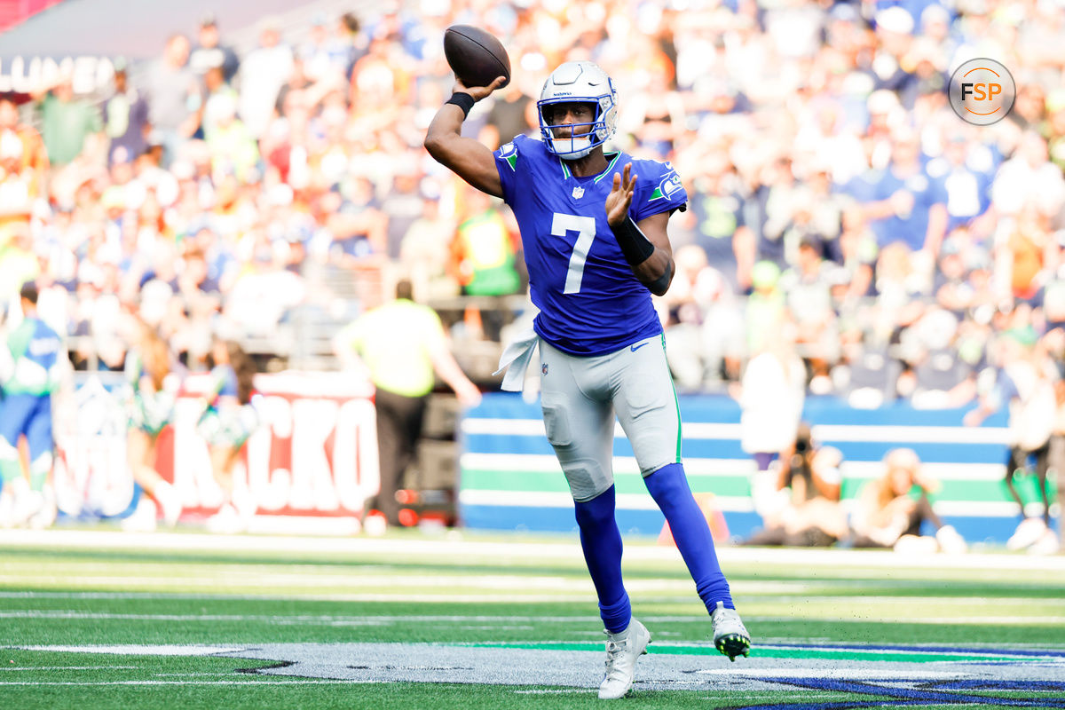 Sep 8, 2024; Seattle, Washington, USA; Seattle Seahawks quarterback Geno Smith (7) passes against the Denver Broncos during the third quarter at Lumen Field. Credit: Joe Nicholson-Imagn Images