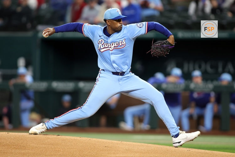 Apr 6, 2025; Arlington, Texas, USA; Texas Rangers pitcher Kumar Rocker (80) throws a pitch during the first inning against the Tampa Bay Rays at Globe Life Field. Credit: Tim Heitman-Imagn Images
