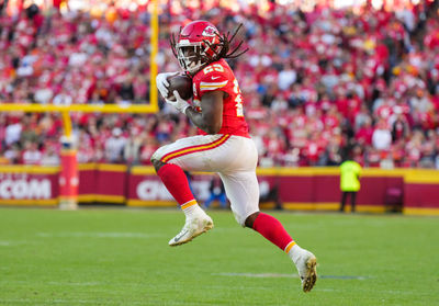 Nov 10, 2024; Kansas City, Missouri, USA; Kansas City Chiefs running back Kareem Hunt (29) catches a pass during the second half against the Denver Broncos at GEHA Field at Arrowhead Stadium. Mandatory Credit: Jay Biggerstaff-Imagn Images