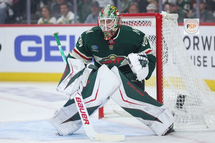 May 11, 2026; Saint Paul, Minnesota, USA; Minnesota Wild goaltender Jesper Wallstedt (30) defends his net against the Colorado Avalanche during the first period in game four of the second round of the 2026 Stanley Cup Playoffs at Grand Casino Arena. Credit: Matt Krohn-Imagn Images