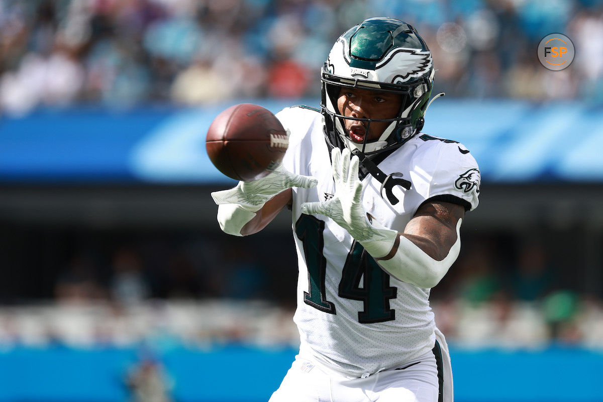 CHARLOTTE, NORTH CAROLINA - OCTOBER 10: Kenneth Gainwell #14 of the Philadelphia Eagles in action during their game against the Carolina Panthers at Bank of America Stadium on October 10, 2021 in Charlotte, North Carolina. (Photo by Grant Halverson/Getty Images)