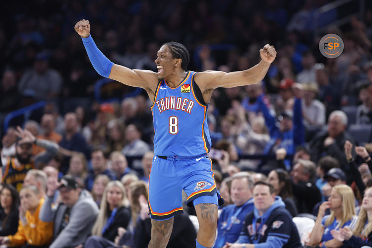 Feb 10, 2025; Oklahoma City, Oklahoma, USA; Oklahoma City Thunder forward Jalen Williams (8) celebrates after scoring against the New Orleans Pelicans during the second half at Paycom Center. Credit: Alonzo Adams-Imagn Images