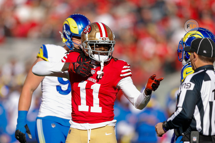 Jan 7, 2024; Santa Clara, California, USA; San Francisco 49ers wide receiver Brandon Aiyuk (11) celebrates after a play against the Los Angeles Rams during the first quarter at Levi's Stadium. Credit: Sergio Estrada-USA TODAY Sports