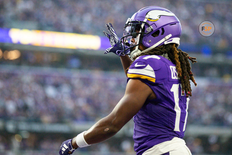 MINNEAPOLIS, MN - SEPTEMBER 24: Minnesota Vikings wide receiver K.J. Osborn (17) celebrates a touchdown during the NFL game between the Los Angles Chargers and the Minnesota Vikings on September 24th, 2023, at U.S. Bank Stadium in Minneapolis, MN. (Photo by Bailey Hillesheim/Icon Sportswire)