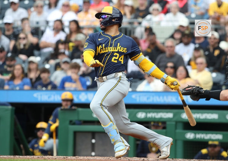 May 25, 2025; Pittsburgh, Pennsylvania, USA;  Milwaukee Brewers catcher William Contreras (24) at bat against the Pittsburgh Pirates during the fourth inning at PNC Park. Credit: Charles LeClaire-Imagn Images