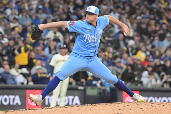 Mar 31, 2025; Milwaukee, Wisconsin, USA; Kansas City Royals starting pitcher Kris Bubic (50) pitches in the fifth inning against the Milwaukee Brewers at American Family Field. Mandatory Credit: Benny Sieu-Imagn Images