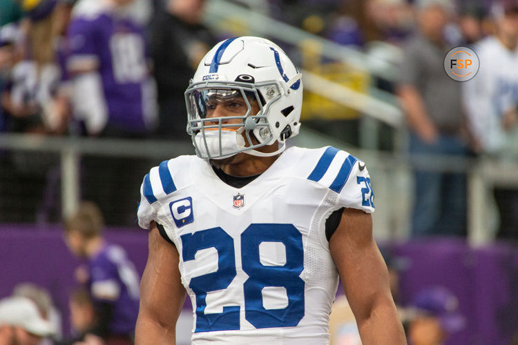 MINNEAPOLIS, MN - DECEMBER 17: Indianapolis Colts running back Jonathan Taylor (28) looks on before the NFL game between the Indianapolis Colts and Minnesota Vikings on December 17th, 2022, at U.S. Bank Stadium in Minneapolis, MN. (Photo by Bailey Hillesheim/Icon Sportswire)