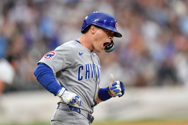 Jul 26, 2025; Chicago, Illinois, USA; Chicago Cubs third baseman Matt Shaw (6) celebrates his two-run home run during the seventh inning against the Chicago White Sox at Rate Field. Mandatory Credit: Patrick Gorski-Imagn Images