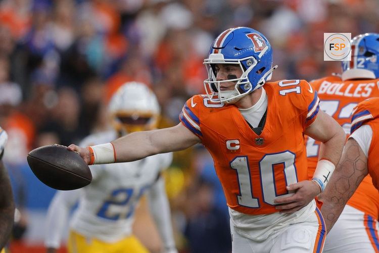 Jan 4, 2026; Denver, Colorado, USA; Denver Broncos quarterback Bo Nix (10) passes the ball during the second half against the Los Angeles Chargers at Empower Field at Mile High. Credit: Isaiah J. Downing-Imagn Images