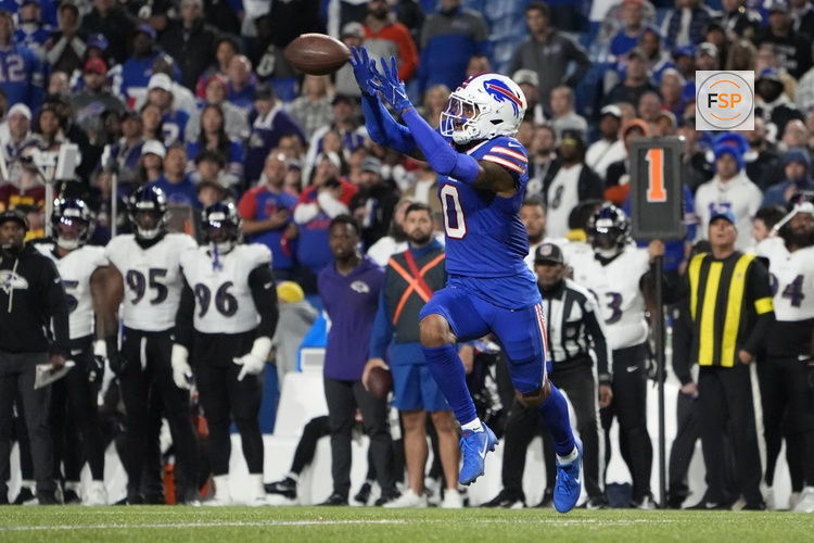 Sep 7, 2025; Orchard Park, New York, USA;  Buffalo Bills wide receiver Keon Coleman (0) receives a pass during the fourth quarter against the Baltimore Ravens at Highmark Stadium. Credit: Gregory Fisher-Imagn Images