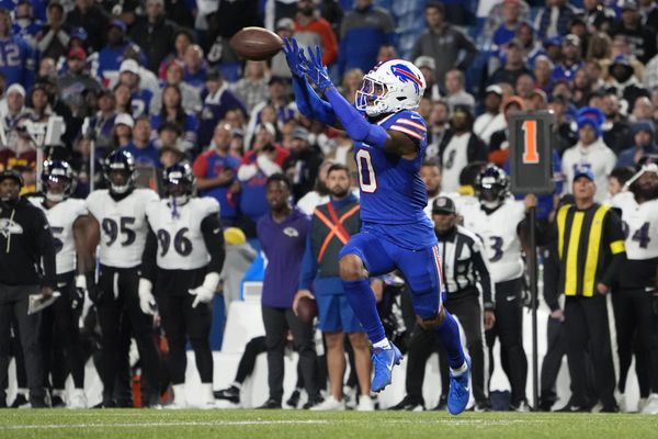 Sep 7, 2025; Orchard Park, New York, USA;  Buffalo Bills wide receiver Keon Coleman (0) receives a pass during the fourth quarter against the Baltimore Ravens at Highmark Stadium. Mandatory Credit: Gregory Fisher-Imagn Images
