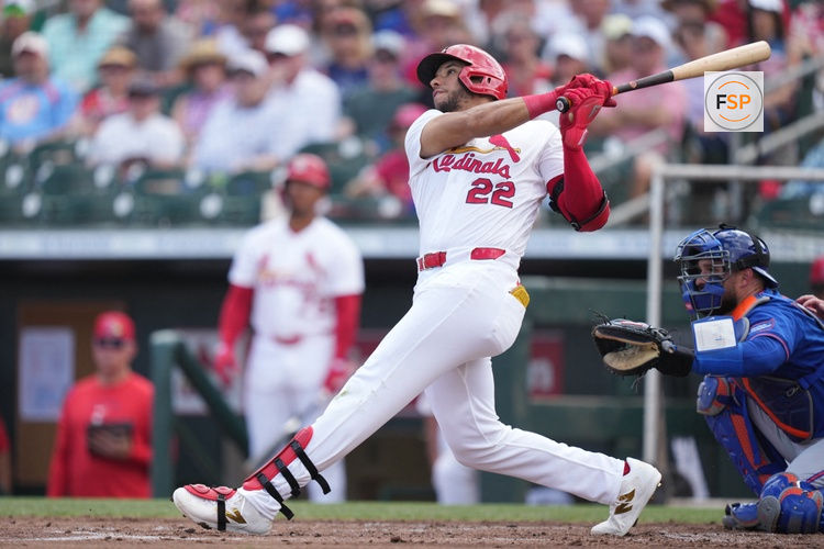 Mar 7, 2026; Jupiter, Florida, USA;  St. Louis Cardinals right fielder Joshua Baez (22) hits a home run in the second inning against the New York Mets at Roger Dean Chevrolet Stadium. Credit: Jim Rassol-Imagn Images
