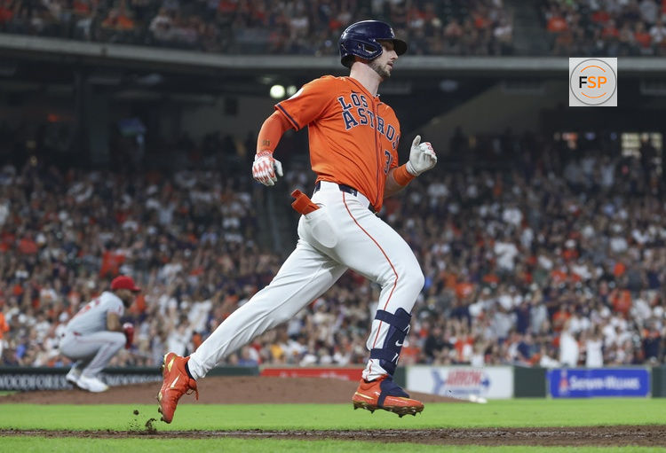 Sep 20, 2024; Houston, Texas, USA; Los Angeles Angels relief pitcher Roansy Contreras (57) reacts and Houston Astros right fielder Kyle Tucker (30) rounds the bases after hitting a home run during the sixth inning at Minute Maid Park. Credit: Troy Taormina-Imagn Images