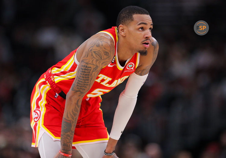 CHICAGO, IL - APRIL 04: Atlanta Hawks guard Dejounte Murray (5) looks on during a NBA game between the Atlanta Hawks and the Chicago Bulls on April 4, 2023 at the United Center in Chicago, IL. (Photo by Melissa Tamez/Icon Sportswire)