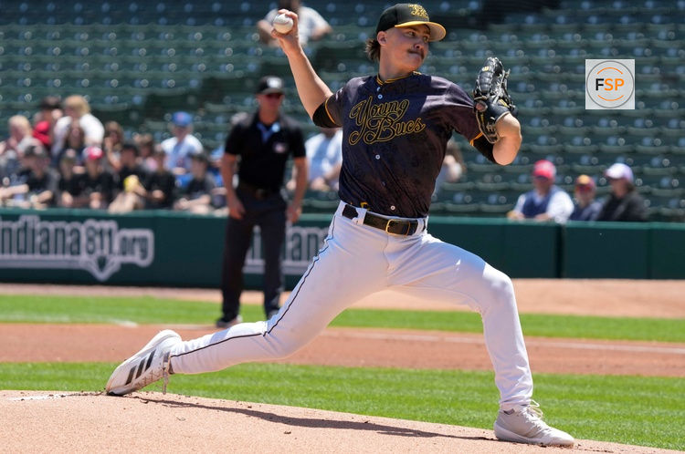 Indianapolis Indians starting pitcher Bubba Chandler (53) throws to Louisville Bats outfielder Jacob Hurtubise (0) during the first inning of a game Sunday, May 18, 2025, at Victory Field in Indianapolis.
