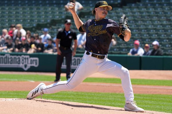 Indianapolis Indians starting pitcher Bubba Chandler (53) throws to Louisville Bats outfielder Jacob Hurtubise (0) during the first inning of a game Sunday, May 18, 2025, at Victory Field in Indianapolis.