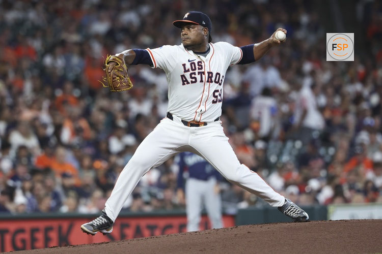 Sep 20, 2025; Houston, Texas, USA; Houston Astros starting pitcher Framber Valdez (59) delivers a. pitch during the first inning against the Seattle Mariners at Daikin Park. Credit: Troy Taormina-Imagn Images
