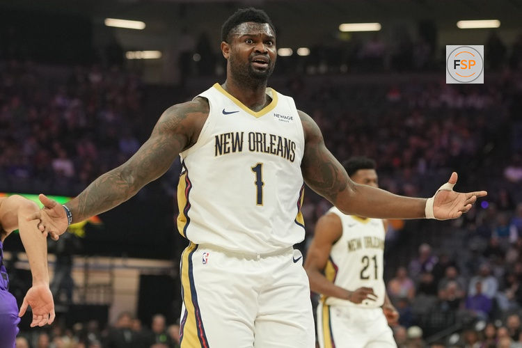 Apr 3, 2026; Sacramento, California, USA; New Orleans Pelicans forward Zion Williamson (1) during the first quarter against the Sacramento Kings at Golden 1 Center. Credit: Darren Yamashita-Imagn Images