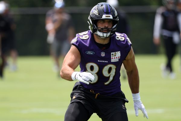 Jun 10, 2025; Baltimore, MD, USA; Baltimore Ravens tight end Mark Andrews (89) runs a route during an NFL OTA at Under Armour Performance Center. Mandatory Credit: Daniel Kucin Jr.-Imagn Images