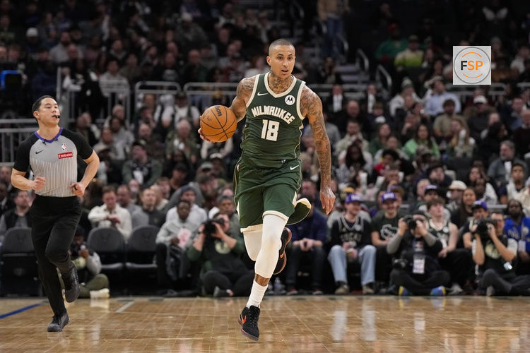 Feb 25, 2026; Milwaukee, Wisconsin, USA;  Milwaukee Bucks forward Kyle Kuzma (18) during the game against the Cleveland Cavaliers at Fiserv Forum. Credit: Jeff Hanisch-Imagn Images