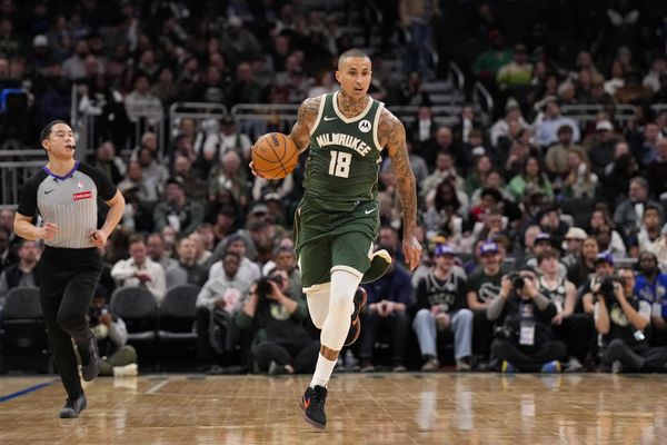 Feb 25, 2026; Milwaukee, Wisconsin, USA;  Milwaukee Bucks forward Kyle Kuzma (18) during the game against the Cleveland Cavaliers at Fiserv Forum. Mandatory Credit: Jeff Hanisch-Imagn Images