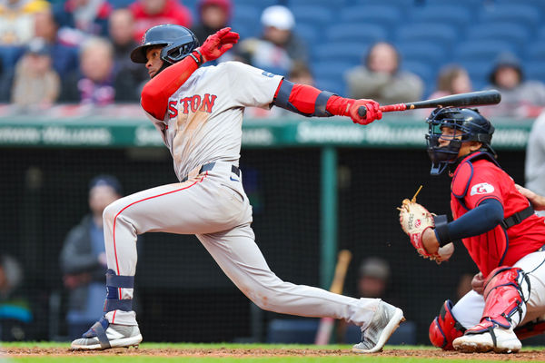 CLEVELAND, OH - APRIL 24: Boston Red Sox shortstop Ceddanne Rafaela (43) singles to drive in a run during the sixth inning of the Major League Baseball game between the Boston Red Sox and Cleveland Guardians on April 24, 2024, at Progressive Field in Cleveland, OH. (Photo by Frank Jansky/Icon Sportswire)