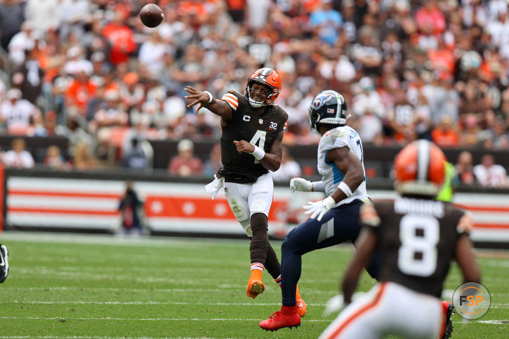 CLEVELAND, OH - SEPTEMBER 24: Cleveland Browns quarterback Deshaun Watson (4) throws a pass during the second quarter of the National Football League game between the Tennessee Titans and Cleveland Browns on September 24, 2023, at Cleveland Browns Stadium in Cleveland, OH. (Photo by Frank Jansky/Icon Sportswire)