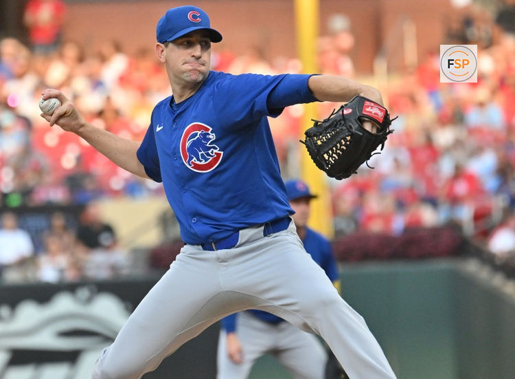 ST. LOUIS, MO - JULY 12: Chicago Cubs starting pitcher Kyle Hendricks (28) pitches in the first inning during a MLB game between the Chicago Cubs and the St. Louis Cardinals  on July 12, 2024, at Busch Stadium, St. Louis, MO..  (Photo by Keith Gillett/Icon Sportswire)
