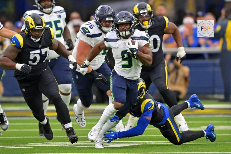 Nov 16, 2025; Inglewood, California, USA; Seattle Seahawks running back Kenneth Walker III (9) runs the ball against the Los Angeles Rams during the first half at SoFi Stadium. Credit: Jayne Kamin-Oncea-Imagn Images