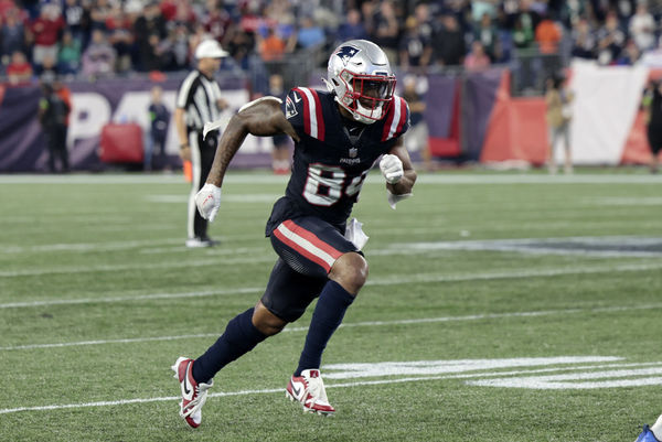 FOXBOROUGH, MA - SEPTEMBER 10: New England Patriots wide receiver Kendrick Bourne (84) runs a route during a game between the New England Patriots and the Philadelphia Eagles on September 10, 2023, at Gillette Stadium in Foxborough, Massachusetts. (Photo by Fred Kfoury III/Icon Sportswire)