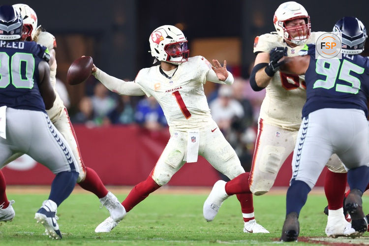 Sep 25, 2025; Glendale, Arizona, USA; Arizona Cardinals quarterback Kyler Murray (1) passes against the Seattle Seahawks in the third quarter at State Farm Stadium. Credit: Mark J. Rebilas-Imagn Images