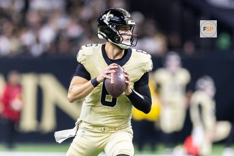 Dec 21, 2025; New Orleans, Louisiana, USA;  New Orleans Saints quarterback Tyler Shough (6)  drops back to pass against the New York Jets during the first half  at Caesars Superdome. Credit: Stephen Lew-Imagn Images