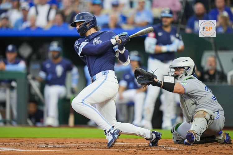 Sep 19, 2025; Kansas City, Missouri, USA; Kansas City Royals shortstop Bobby Witt Jr. (7) hits a single during the first inning against the Toronto Blue Jays at Kauffman Stadium. Credit: Jay Biggerstaff-Imagn Images