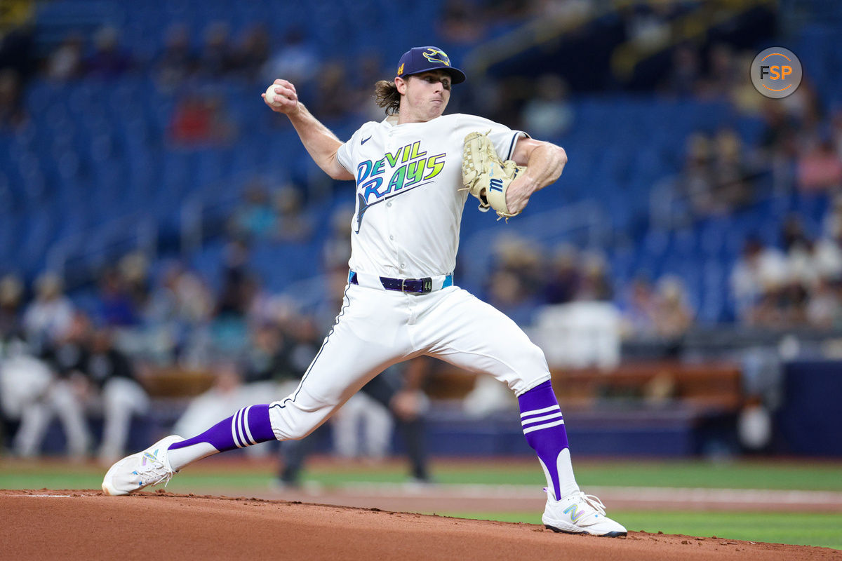 Aug 16, 2024; St. Petersburg, Florida, USA; Tampa Bay Rays pitcher Ryan Pepiot (44) -throws a pitch against the Arizona Diamondbacks in the first inning at Tropicana Field. Credit: Nathan Ray Seebeck-USA TODAY Sports