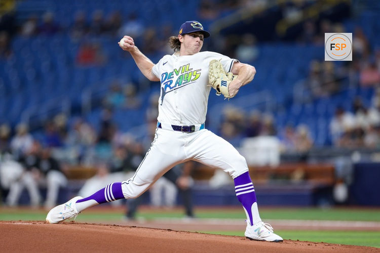 Aug 16, 2024; St. Petersburg, Florida, USA; Tampa Bay Rays pitcher Ryan Pepiot (44) -throws a pitch against the Arizona Diamondbacks in the first inning at Tropicana Field. Credit: Nathan Ray Seebeck-USA TODAY Sports