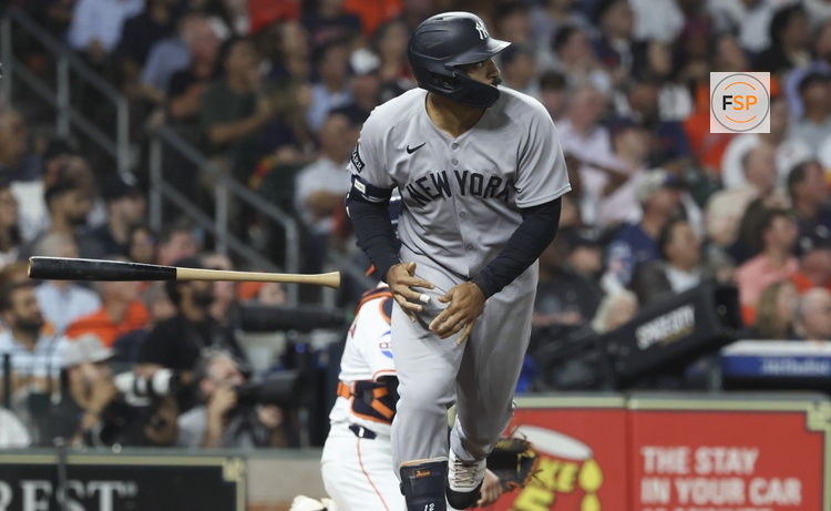 Sep 2, 2025; Houston, Texas, USA; New York Yankees center fielder Trent Grisham (12) hits a grand slam during the fifth inning against the Houston Astros at Daikin Park. Credit: Troy Taormina-Imagn Images