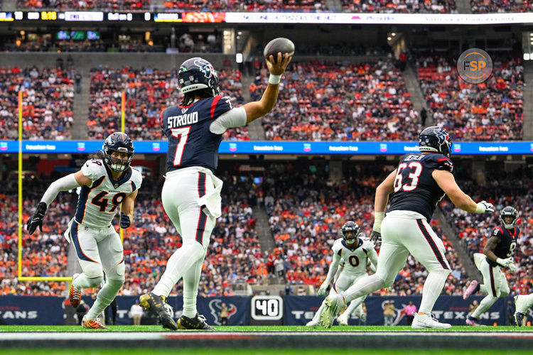 HOUSTON, TX - DECEMBER 03: Houston Texans quarterback C.J. Stroud (7) throws from near his own endzone as Denver Broncos linebacker Alex Singleton (49) applies pressure during the football game between the Denver Broncos and Houston Texans at NRG Stadium on December 3, 2023 in Houston, Texas. (Photo by Ken Murray/Icon Sportswire)