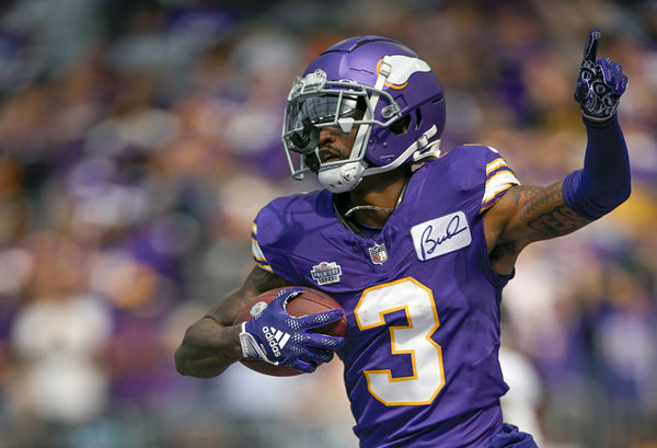 MINNEAPOLIS, MN - SEPTEMBER 10: Minnesota Vikings wide receiver Jordan Addison (3) celebrates his 39-yard  touchdown reception during the second quarter of an NFL game between the Minnesota Vikings and Tampa Bay Buccaneers  on September 10, 2023, at U.S. Bank Stadium in Minneapolis, MN. (Photo by Nick Wosika/Icon Sportswire)