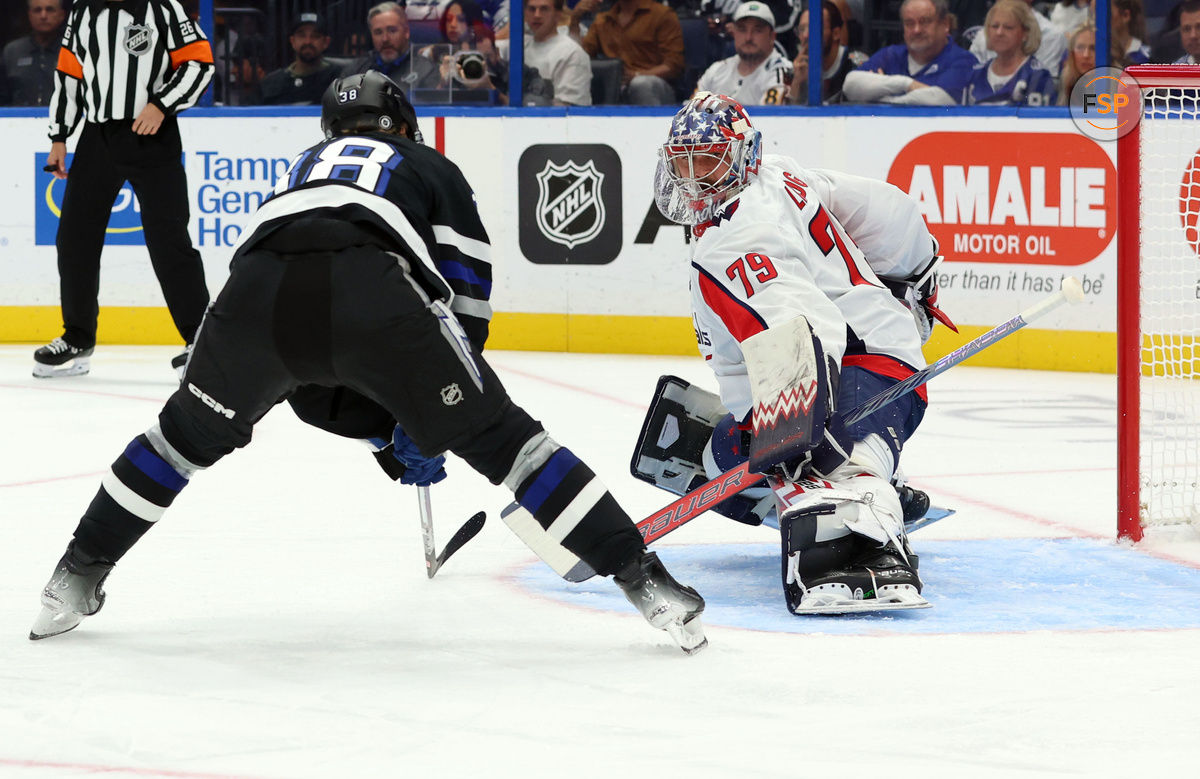 Oct 26, 2024; Tampa, Florida, USA; Washington Capitals goaltender Charlie Lindgren (79) makes a save from Tampa Bay Lightning left wing Brandon Hagel (38) during the first period at Amalie Arena. Credit: Kim Klement Neitzel-Imagn Images