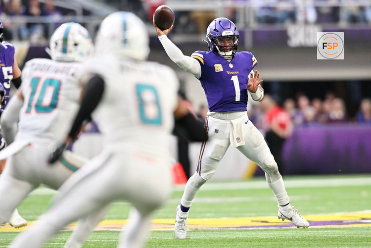 Oct 4, 2026; Minneapolis, Minnesota, USA;  Minnesota Vikings quarterback Kyler Murray (1) throws a pass during the fourth quarter against the Miami Dolphins at U.S. Bank Stadium.  Credit: Jeffrey Becker-Imagn Images