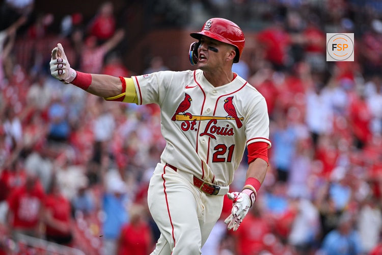 Jun 6, 2026; St. Louis, Missouri, USA; St. Louis Cardinals center fielder Lars Nootbaar (21) reacts after hitting a go ahead two run home run against the Cincinnati Reds during the eighth inning at Busch Stadium. Credit: Jeff Curry-Imagn Images