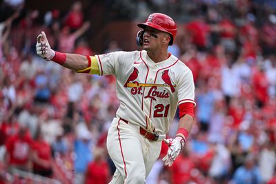 Jun 6, 2026; St. Louis, Missouri, USA; St. Louis Cardinals center fielder Lars Nootbaar (21) reacts after hitting a go ahead two run home run against the Cincinnati Reds during the eighth inning at Busch Stadium. Mandatory Credit: Jeff Curry-Imagn Images