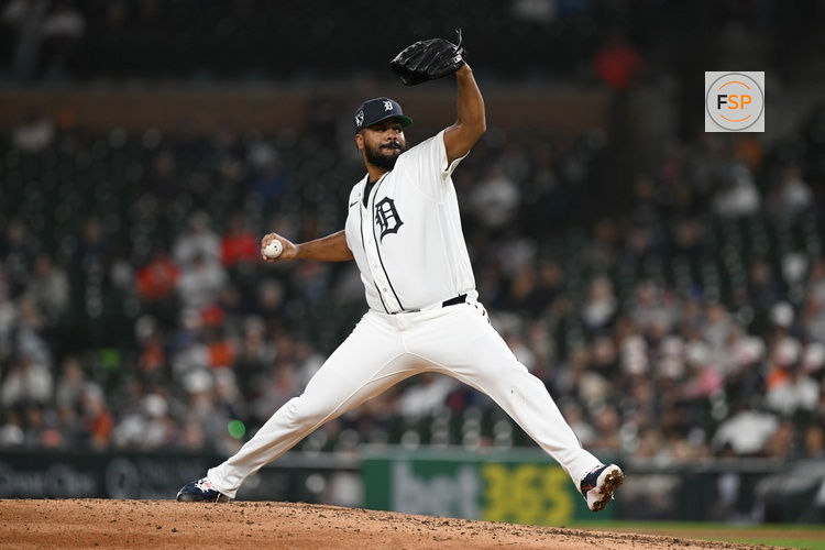 Apr 15, 2026; Detroit, Michigan, USA;  Detroit Tigers pitcher Kenley Jansen throws a pitch against the Kansas City Royals in the ninth inning at Comerica Park. Credit: Lon Horwedel-Imagn Images