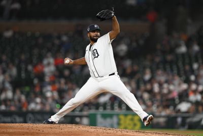 Apr 15, 2026; Detroit, Michigan, USA;  Detroit Tigers pitcher Kenley Jansen throws a pitch against the Kansas City Royals in the ninth inning at Comerica Park. Mandatory Credit: Lon Horwedel-Imagn Images