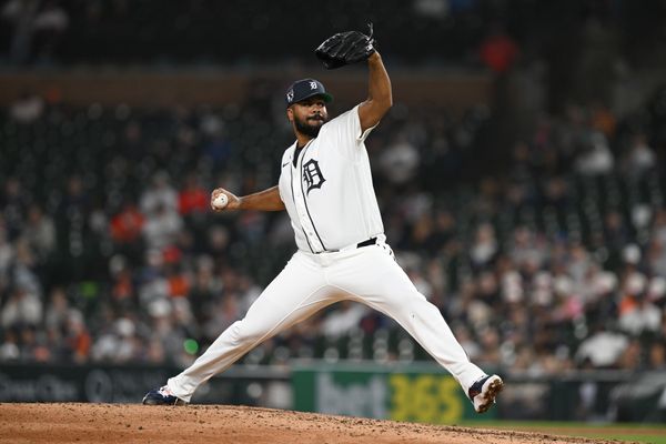 Apr 15, 2026; Detroit, Michigan, USA;  Detroit Tigers pitcher Kenley Jansen throws a pitch against the Kansas City Royals in the ninth inning at Comerica Park. Mandatory Credit: Lon Horwedel-Imagn Images